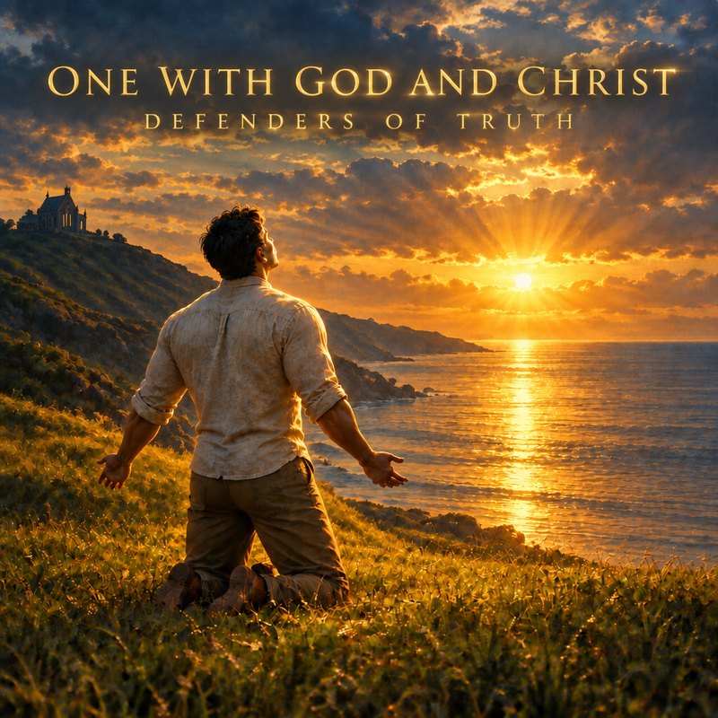 Cover art for One With God and Christ — a man kneeling on a hilltop above the sea at dawn