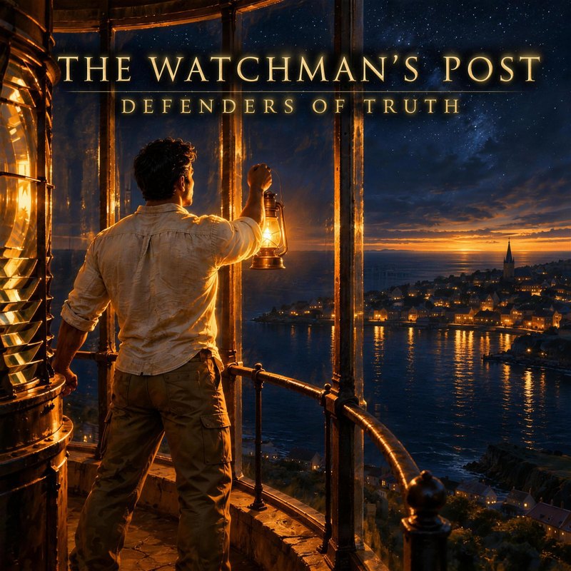 Cover art for The Watchman’s Post — a man with a lantern in a lighthouse at night